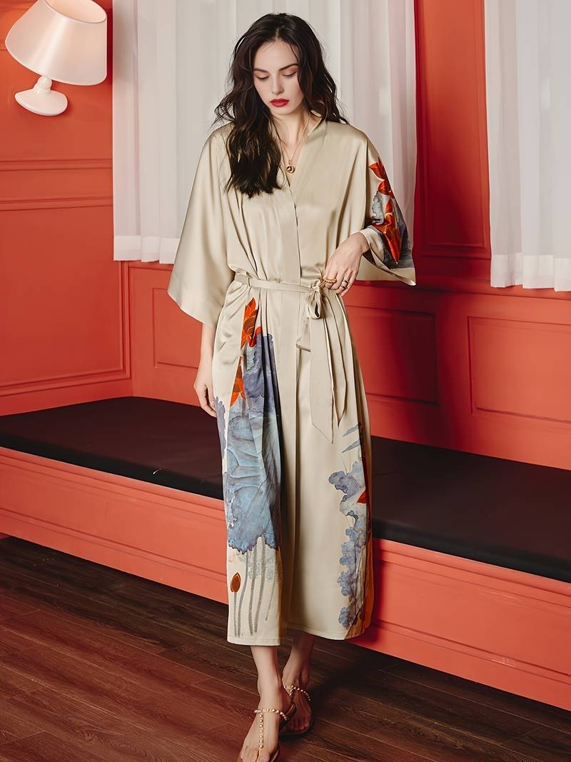 Long Peignoir Kimono Floral en Satin