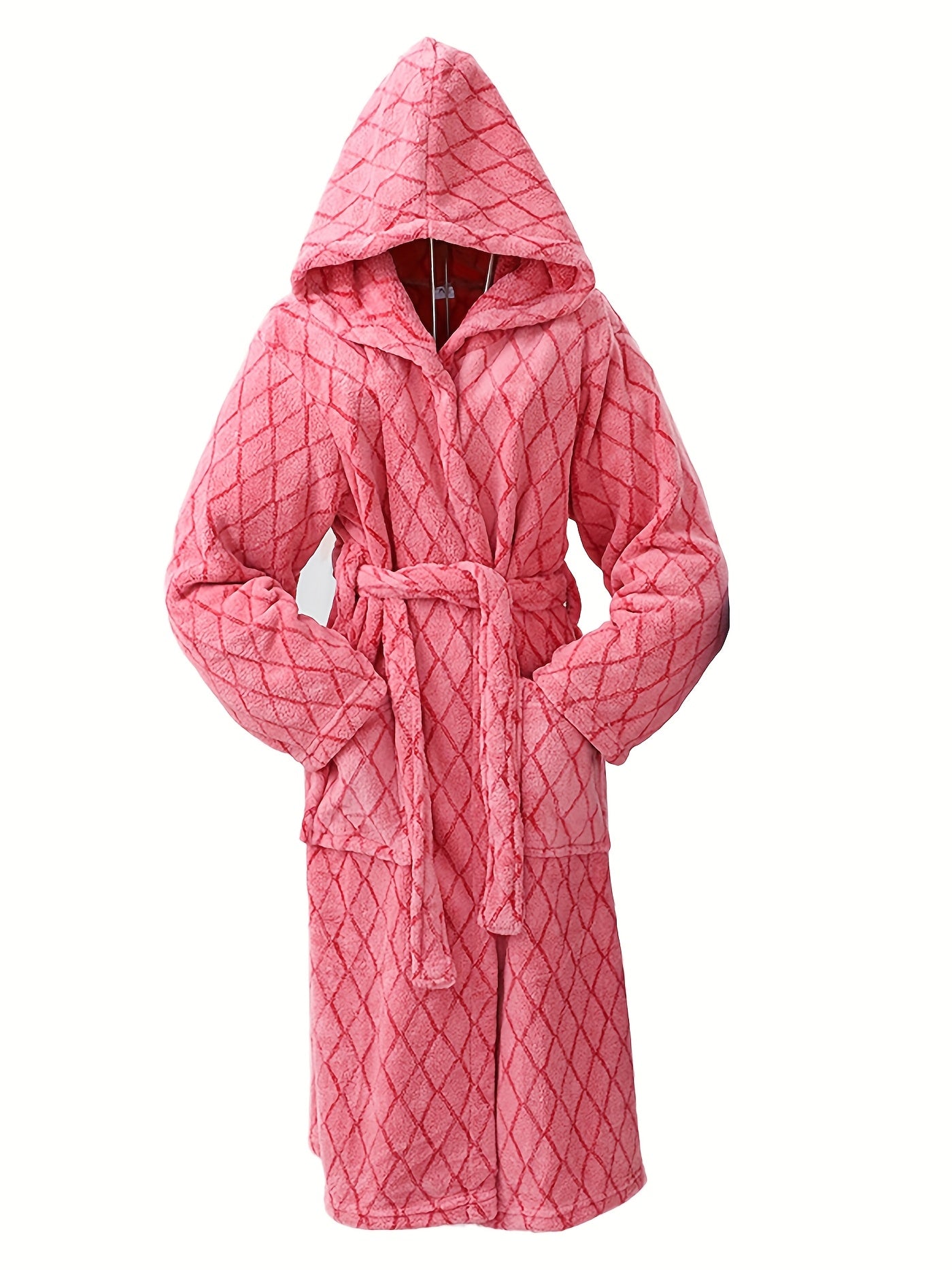 Peignoir polaire à capuche pour homme avec motifs relief et ceinture ajustable