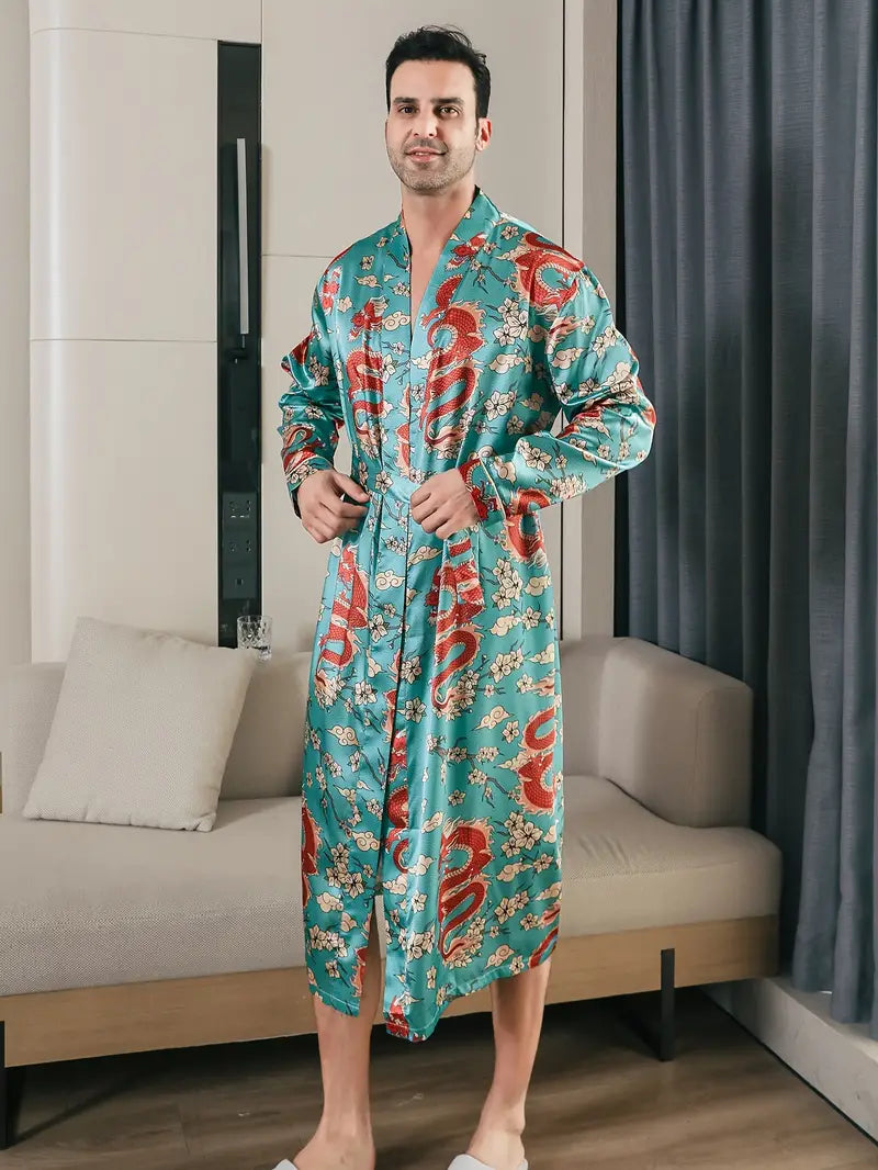 Peignoir de Luxe Turquoise à Motif De Dragon