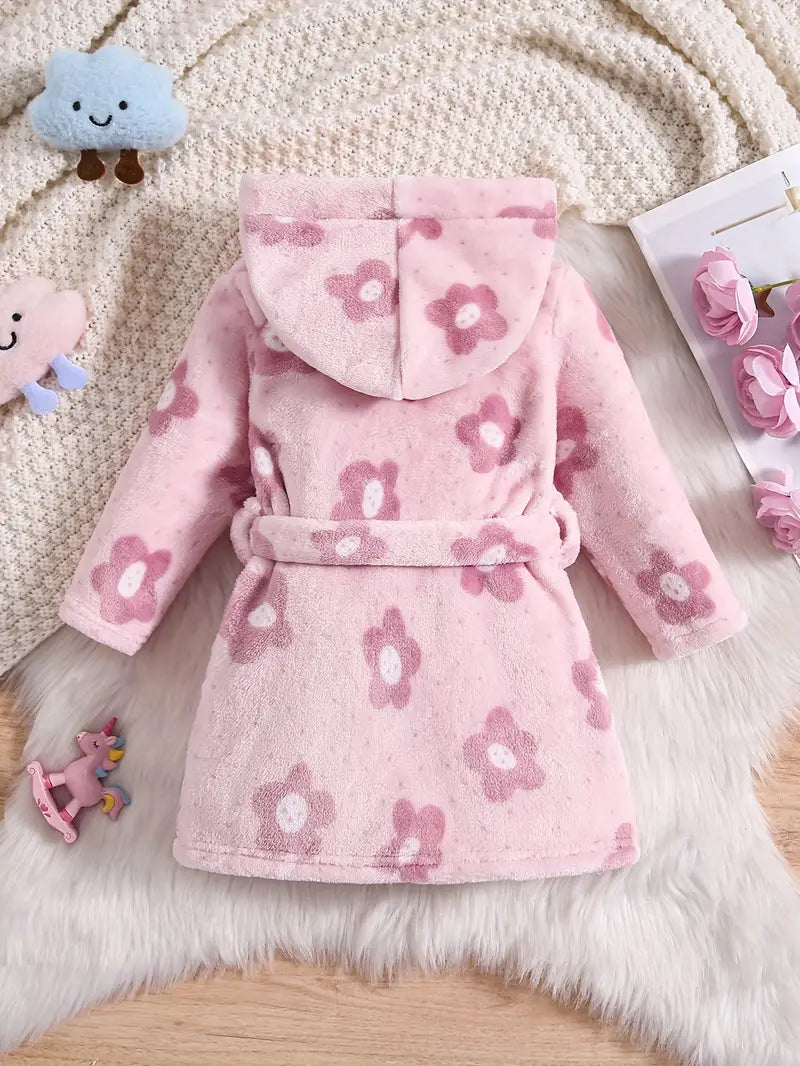 Peignoir de Bain Enfant en Polaire à Fleurs Rose