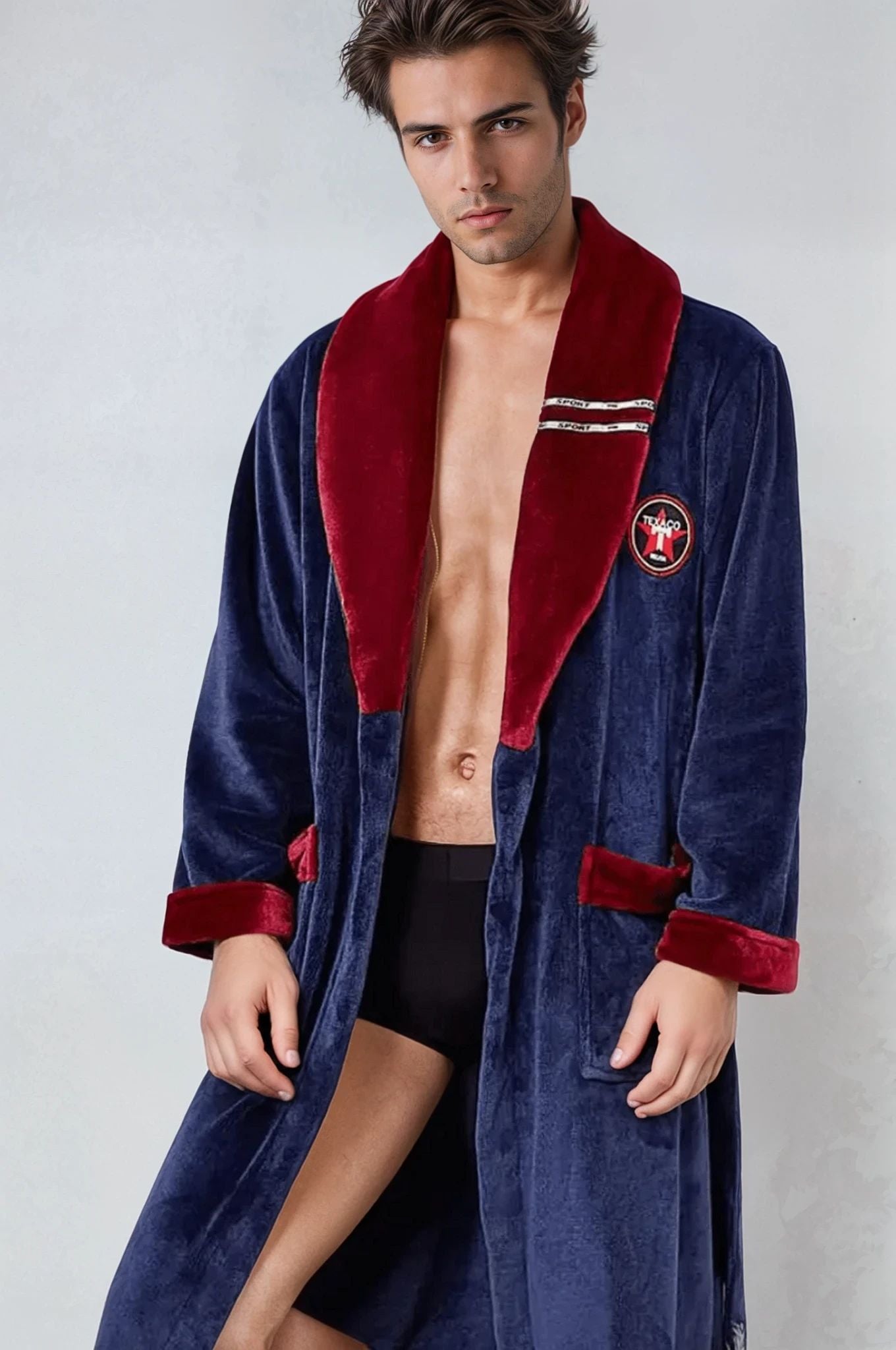 Peignoir de bain polaire homme gris et bleu