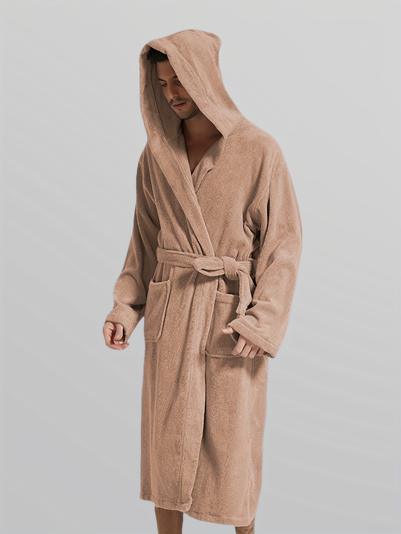 Peignoir homme à capuche en polaire douce avec poches et ceinture