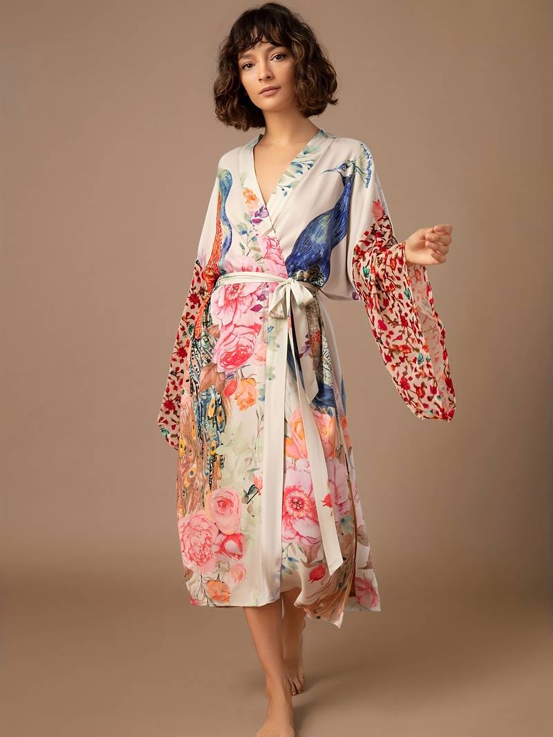 Robe De Chambre Kimono Femme Imprimé Floral Élégant - Cardigan Long Sexy Pour Mariage Et Soirées