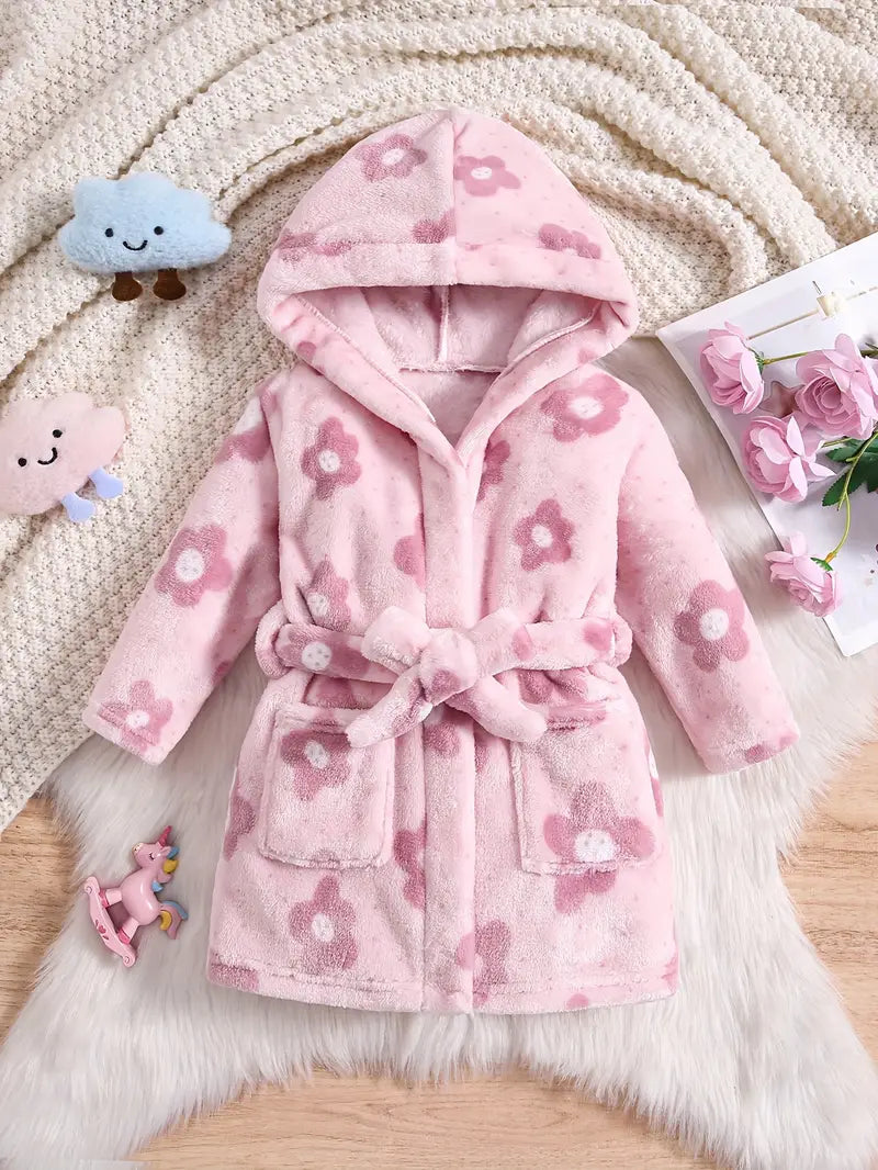 Peignoir de Bain Enfant en Polaire à Fleurs Rose