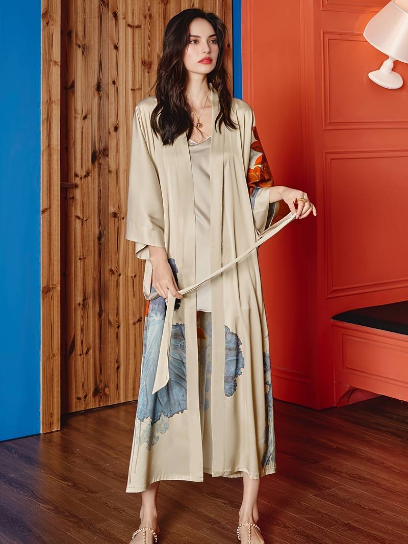 Long Peignoir Kimono Floral en Satin