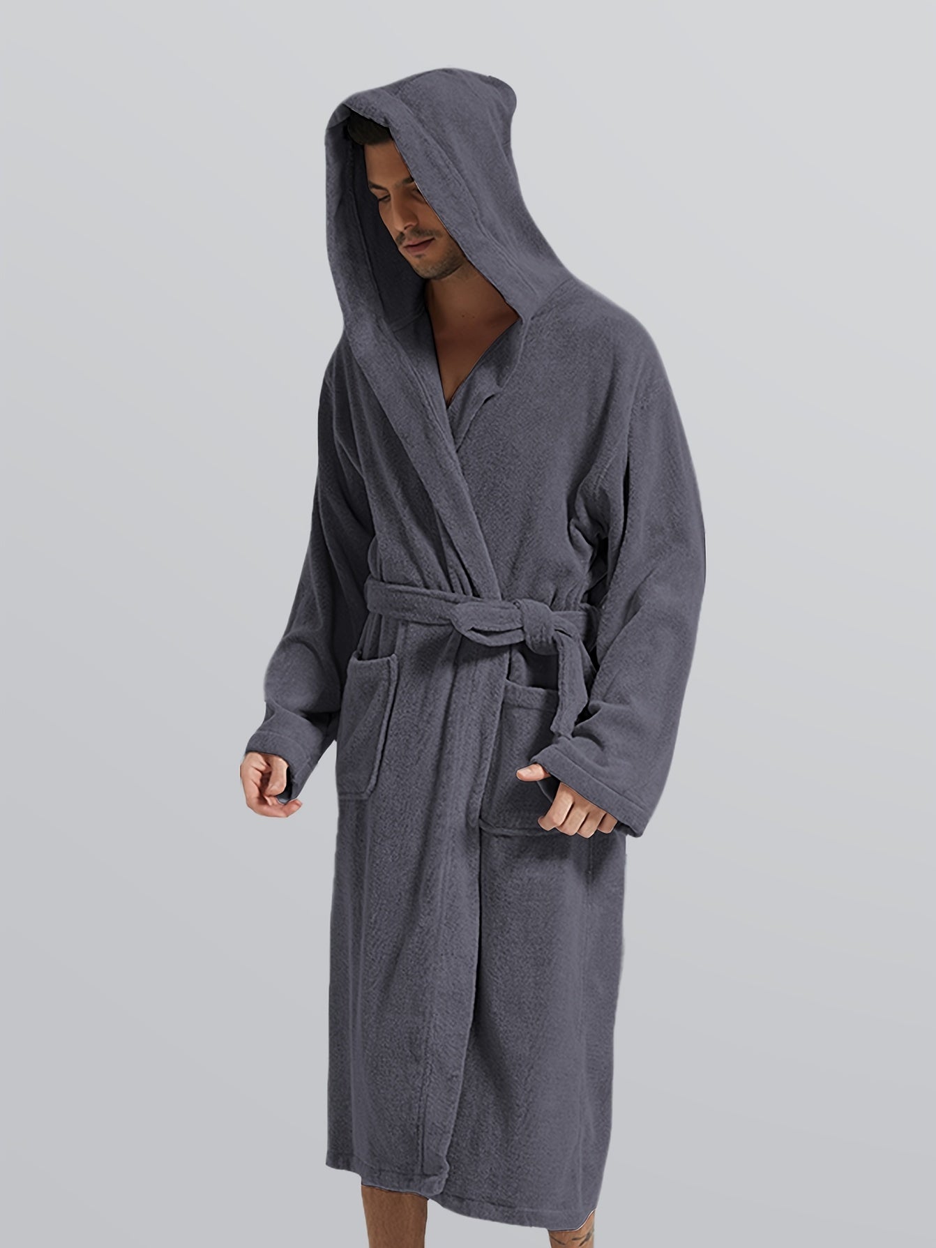 Peignoir homme à capuche en polaire douce avec poches et ceinture