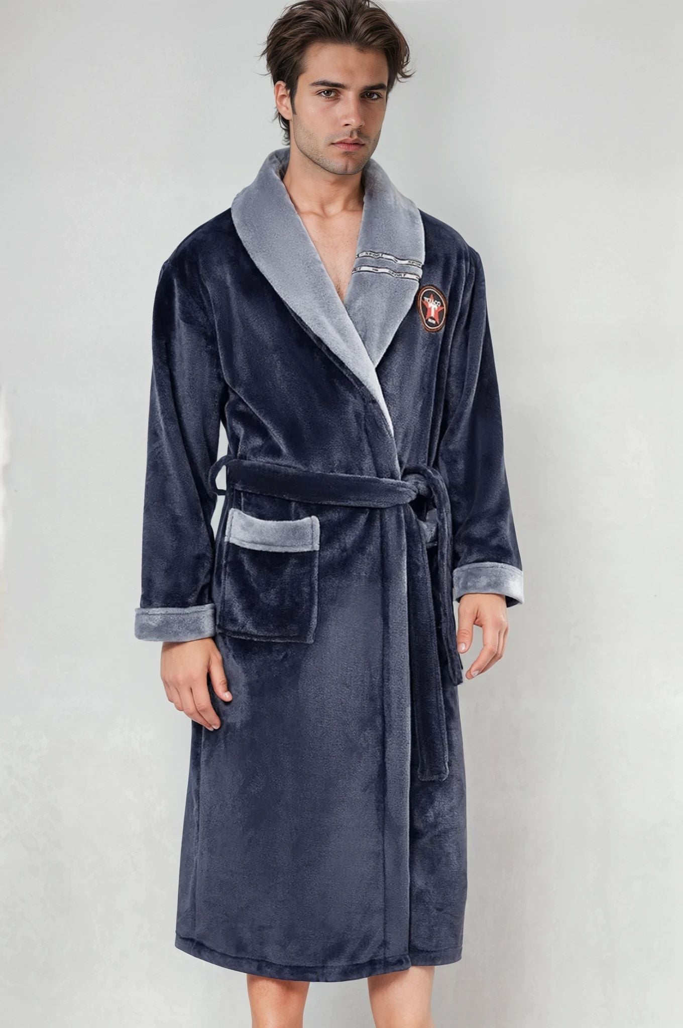 Peignoir de bain polaire homme gris et bleu