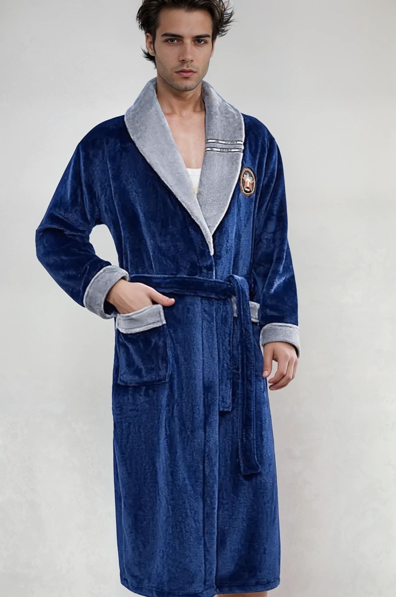 Peignoir de bain polaire homme gris et bleu