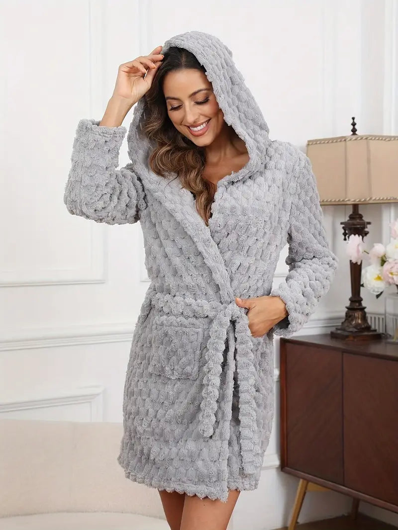 Peignoir Femme Polaire Avec Capuche - Chaud Et Doux - Ceinture Réglable Et Poches - Pour Maison Et Spa
