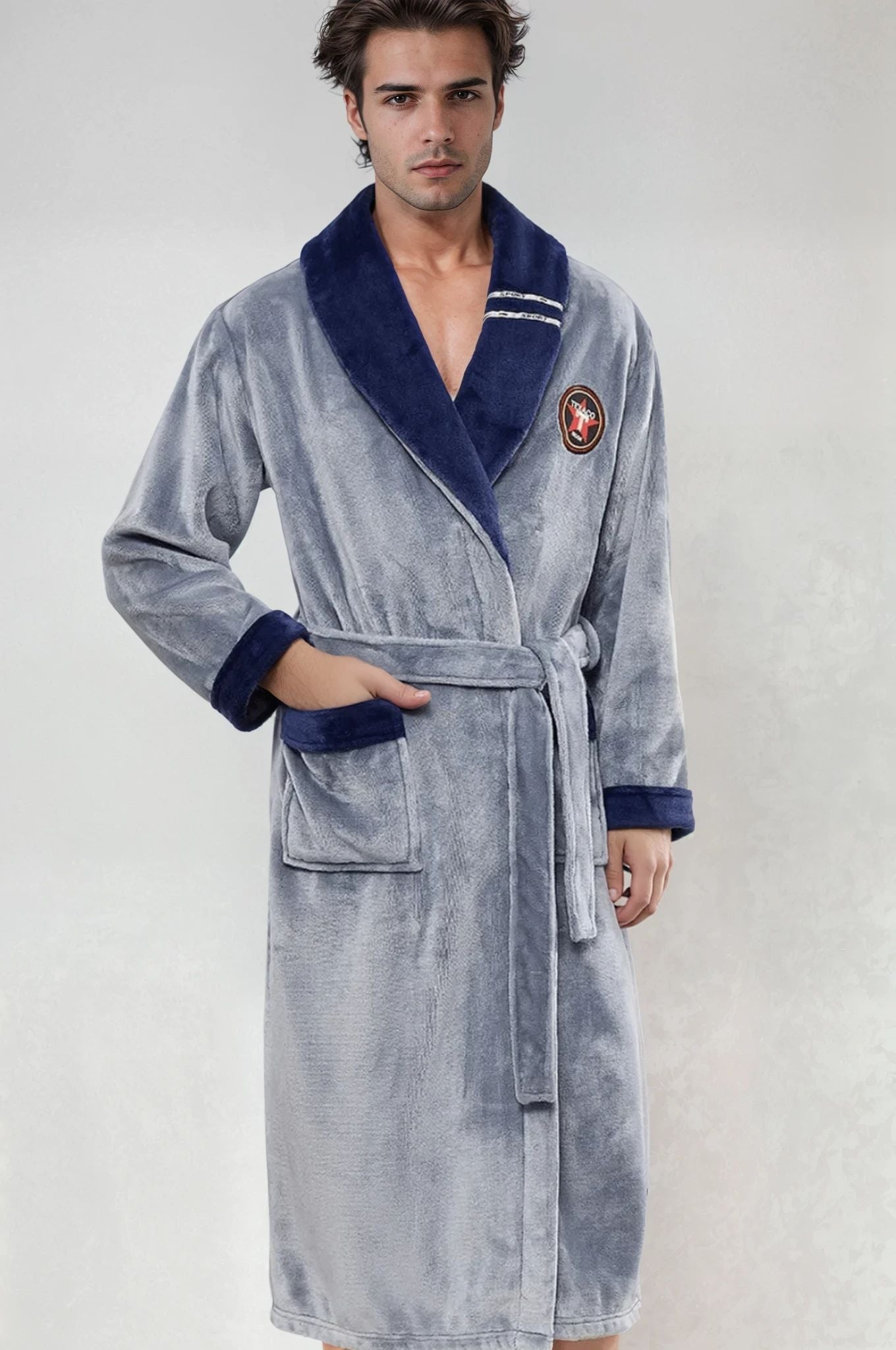 Peignoir de bain polaire homme gris et bleu