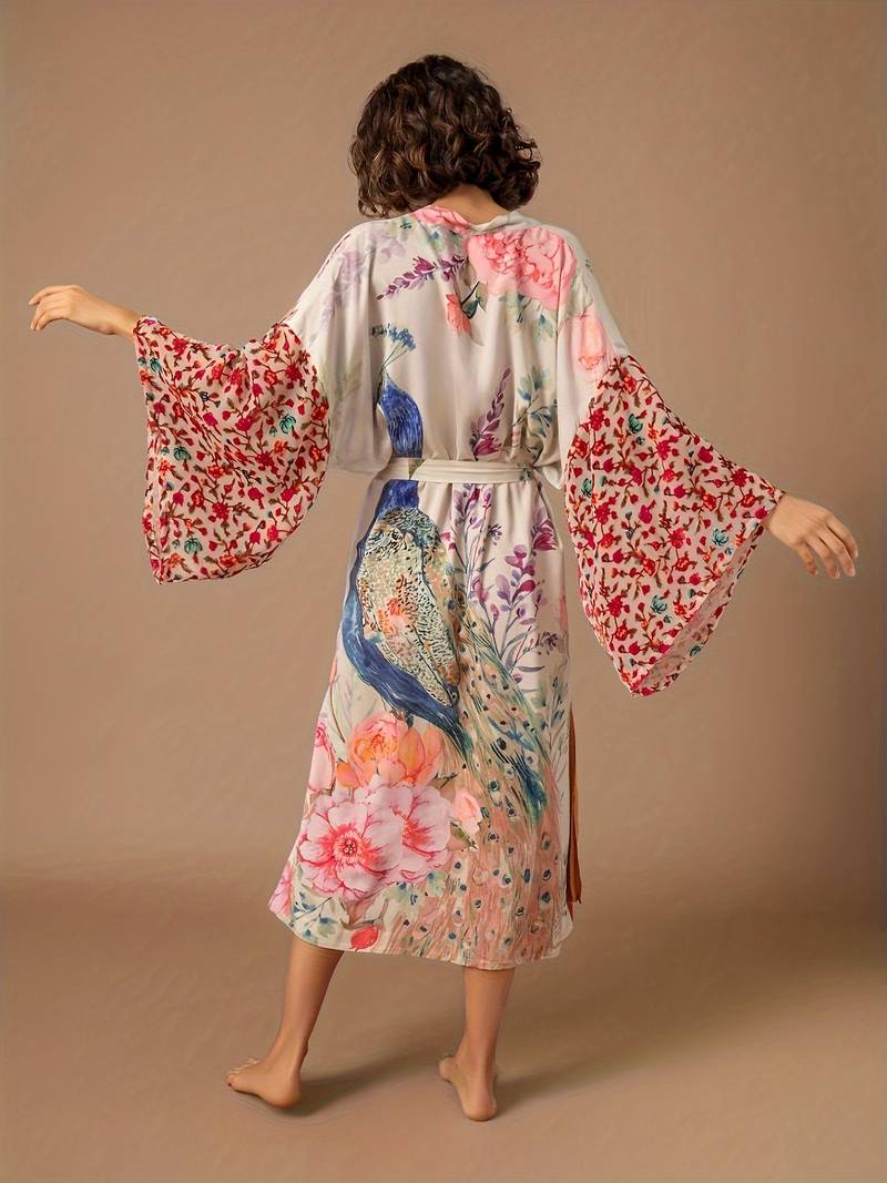 Kimono Satin Imprimé Floral et Oiseaux