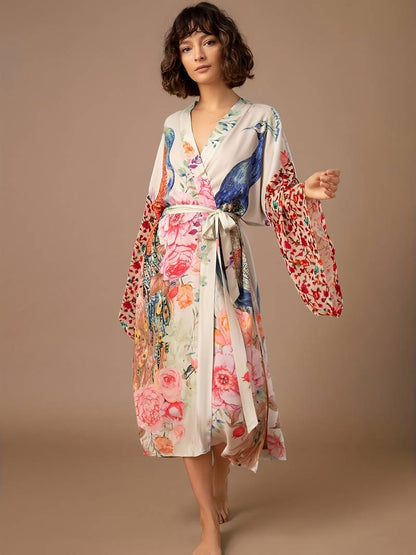 Kimono Satin Imprimé Floral et Oiseaux