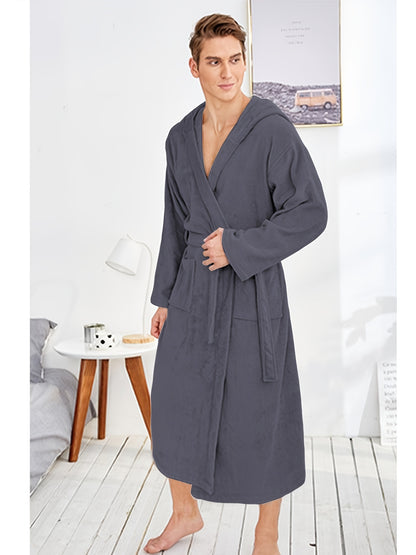 Peignoir homme à capuche en polaire douce avec poches et ceinture