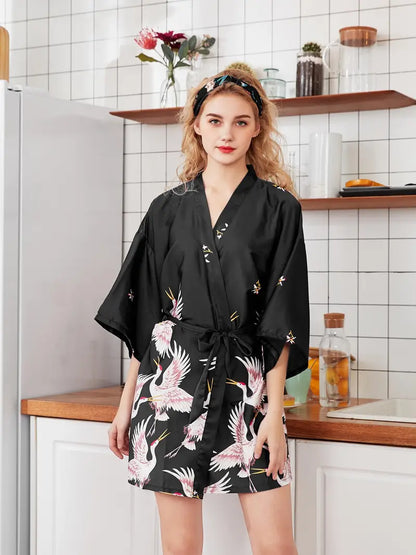 Peignoir Élégante Kimono avec Imprimé Grue