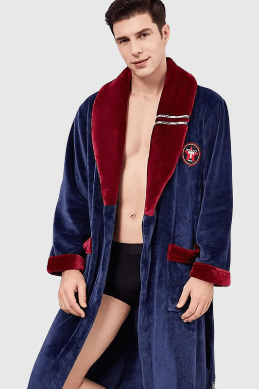 Peignoir de bain homme col châle avec écusson brodé — coloris bleu marine