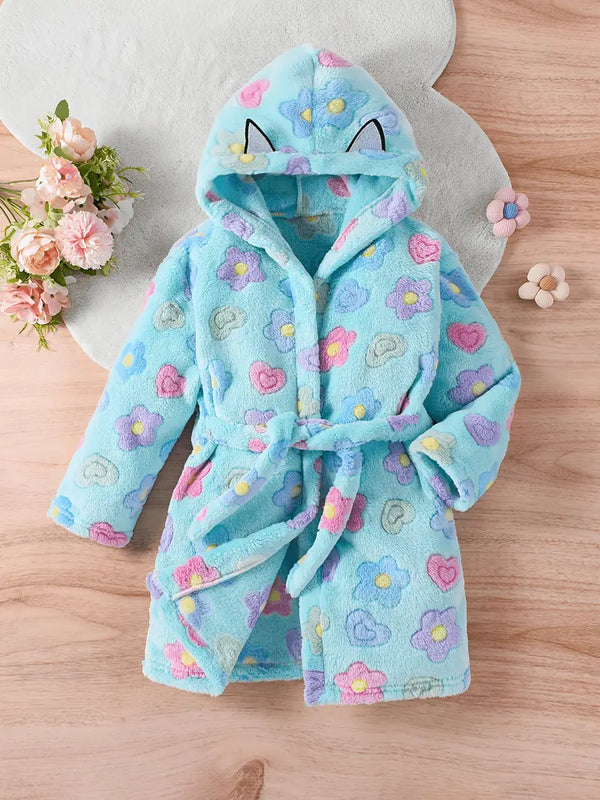 Peignoir de Bain Enfant Éponge á Motif Floral — coloris bleu