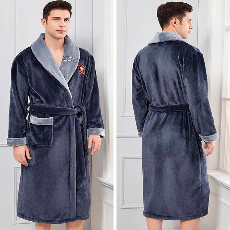 Peignoir de bain polaire homme gris et bleu