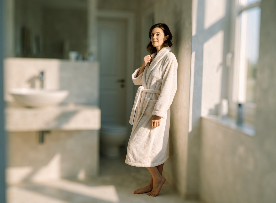 Femme en peignoir éponge ivoire dans une salle de bain claire