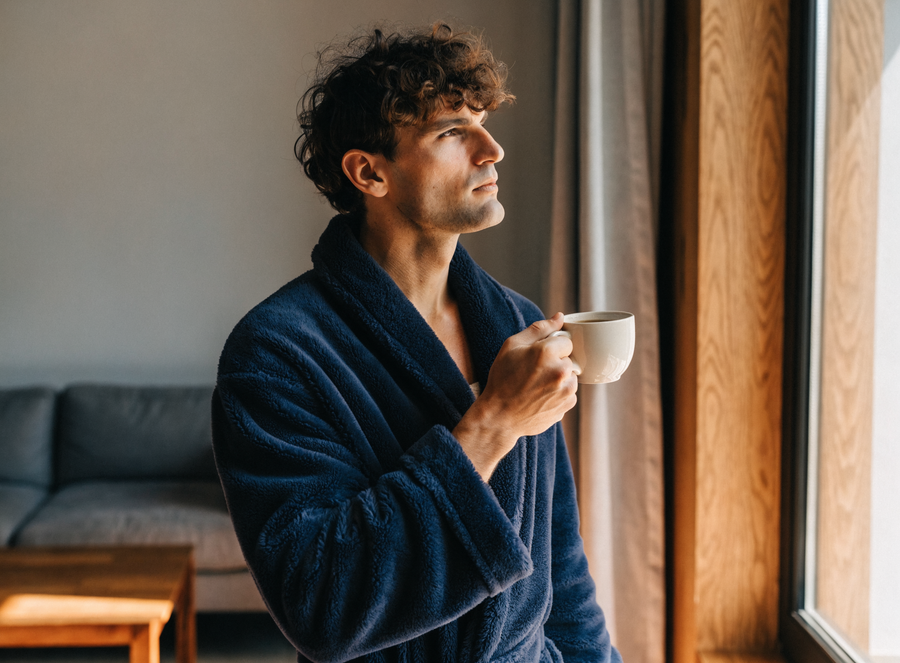 Homme en peignoir polaire bleu marine, tasse à la main